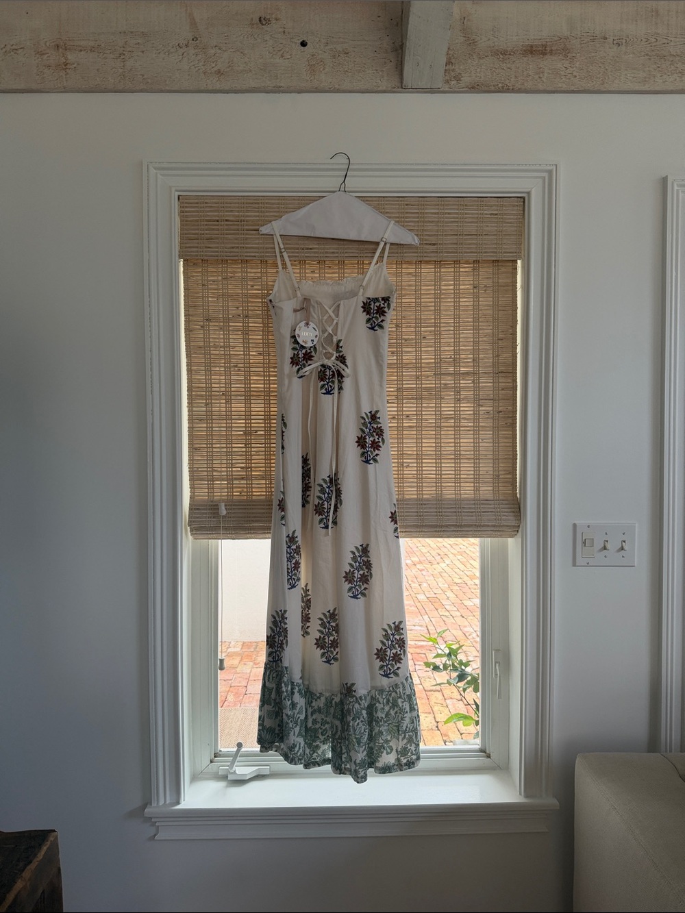 Women’s Cream Maxi Dress with Green Floral Border